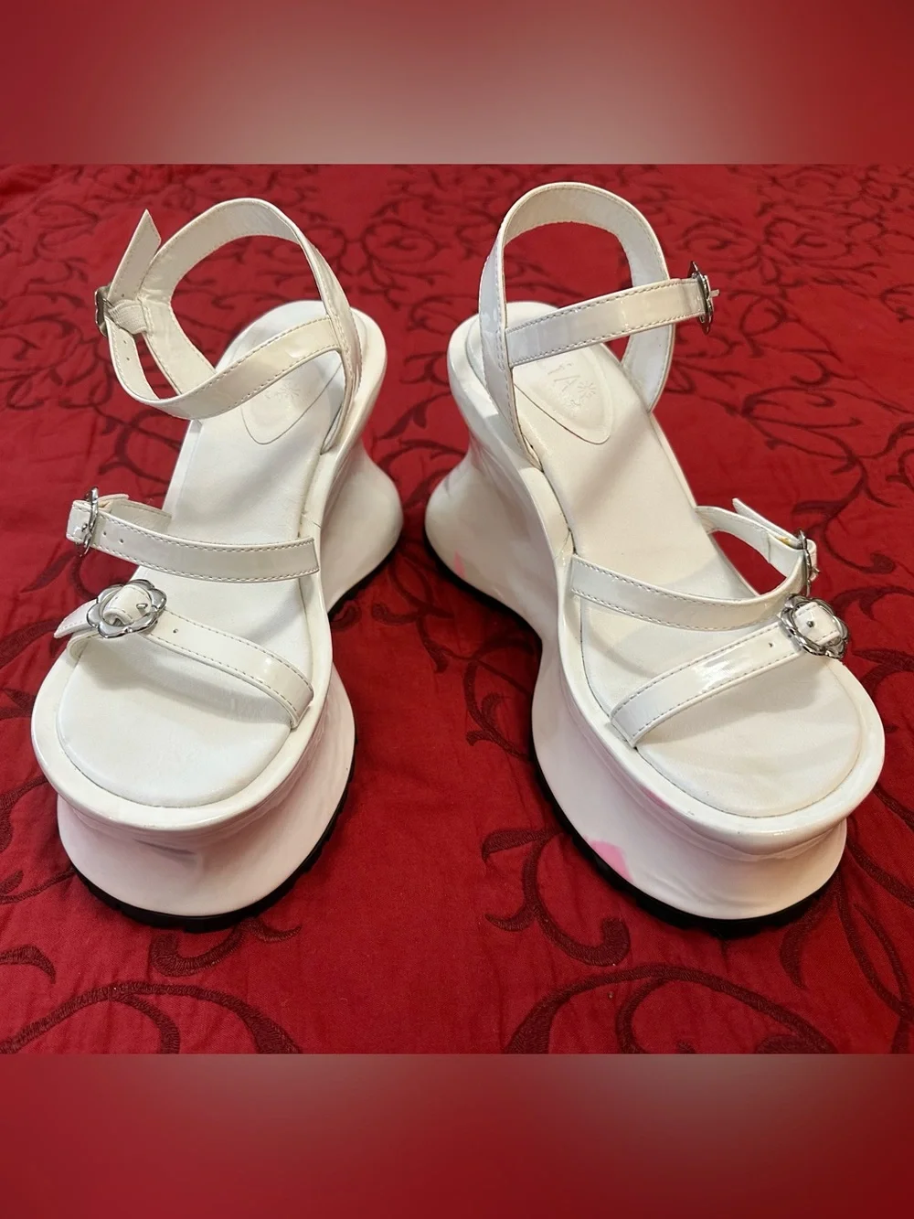 Dolls Kill White Platform Wedge Sandals with Silver Buckles